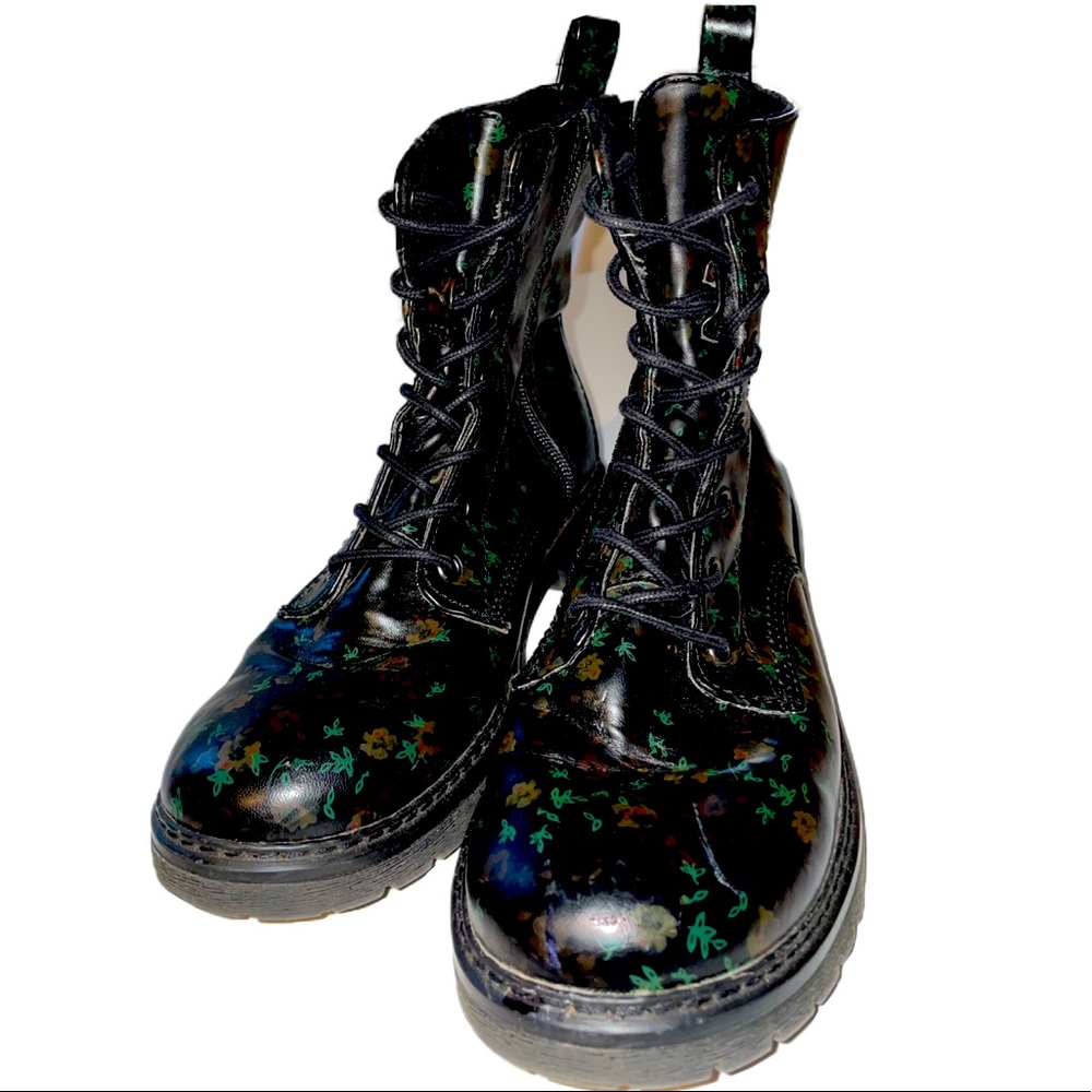 BONGO Black Patent Floral Combat Boots